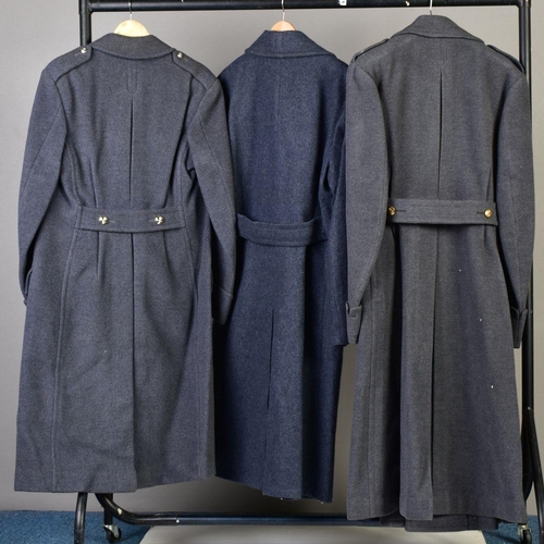 169 - THREE RAF WOOLEN GREATCOATS, very heavyweight post WWII era, buttons 1/2 belt etc