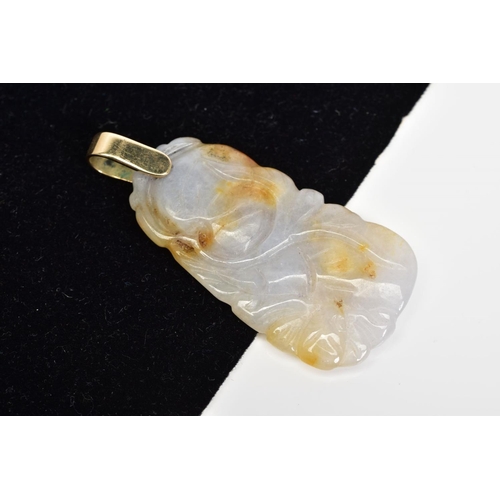 17 - A CARVED JADE PENDANT, carved with floral detail, with attached suspension loop, length 49mm, approx... 