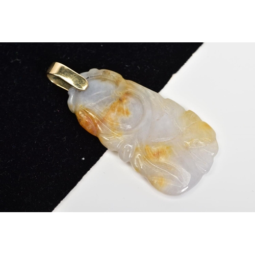 17 - A CARVED JADE PENDANT, carved with floral detail, with attached suspension loop, length 49mm, approx... 