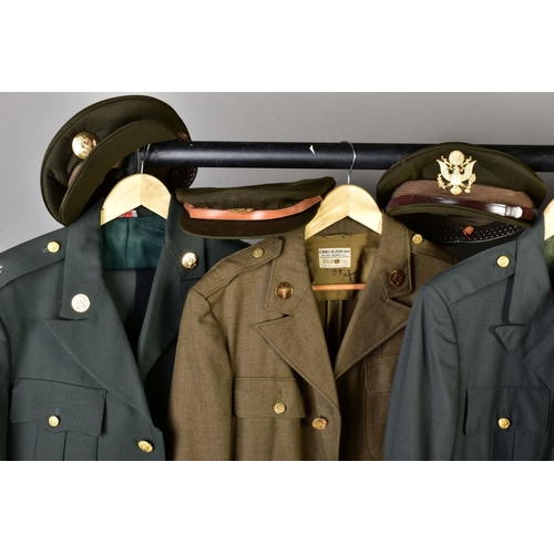 172 - FIVE ITEMS OF US ARMY UNIFORM ITEMS, five jackets (three with trousers) and five peak caps, four wit... 