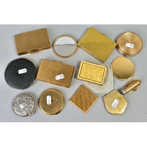 175 - A BOX OF COMPACTS, mainly vintage compacts, to include a circular Stratton compact with banded flora... 