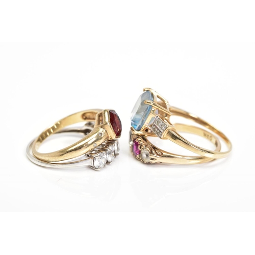 18 - FOUR 9CT GOLD GEM SET RINGS, the first collet set with a central hexagonal garnet and flush set with... 