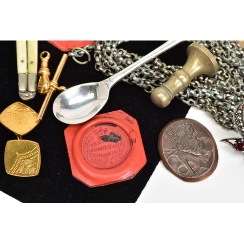 19 - A SMALL BOX OF SUNDRIES, to include a late Victorian medal, stamped 10ct, approximate weight 11 gram... 