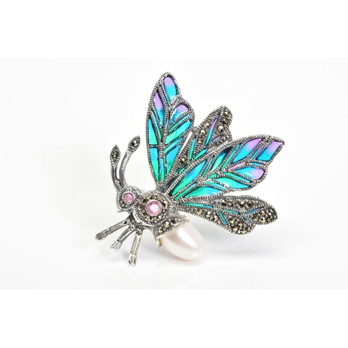 28 - A PLIQUE-A-JOUR GEM AND MARCASITE BUG BROOCH, designed with green, blue and purple plique-a-jour win... 