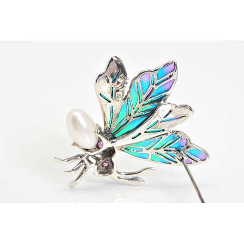 28 - A PLIQUE-A-JOUR GEM AND MARCASITE BUG BROOCH, designed with green, blue and purple plique-a-jour win... 