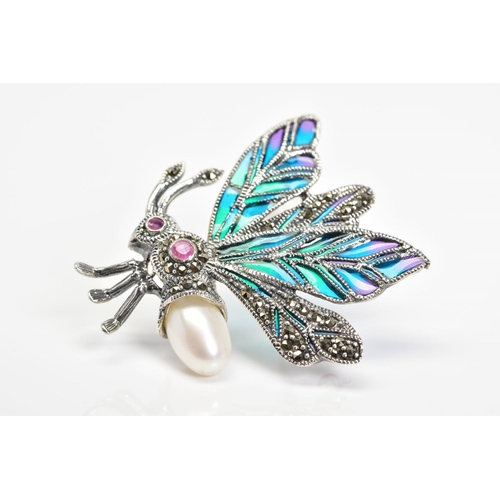 28 - A PLIQUE-A-JOUR GEM AND MARCASITE BUG BROOCH, designed with green, blue and purple plique-a-jour win... 