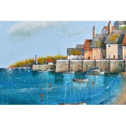 304 - STEVE BOWDEN (BRITISH CONTEMPORARY) 'HARBOUR BEACH' boats in a harbour, signed bottom left, artist t... 