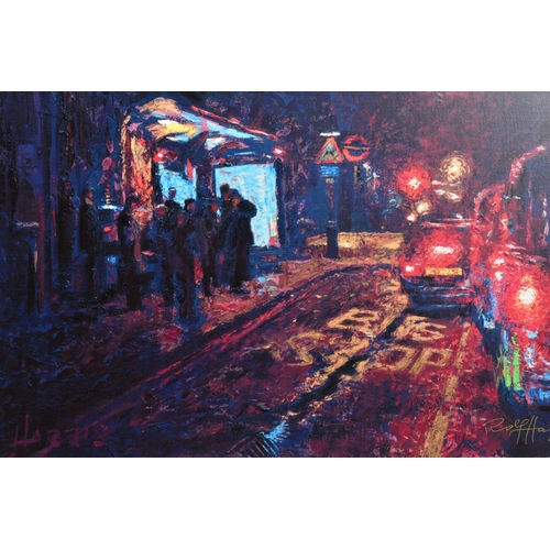 309 - ROLF HARRIS (AUSTRALIAN 1930) 'BUS STOP, HYDE PARK CORNER', a limited edition print 43/195 of a Lond... 