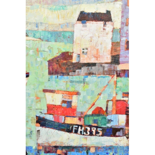 313 - SALLY ANNE FITTER (BRITISH CONTEMPORARY) 'THE QUIET HARBOURSIDE', fishing boats at their moorings, u... 