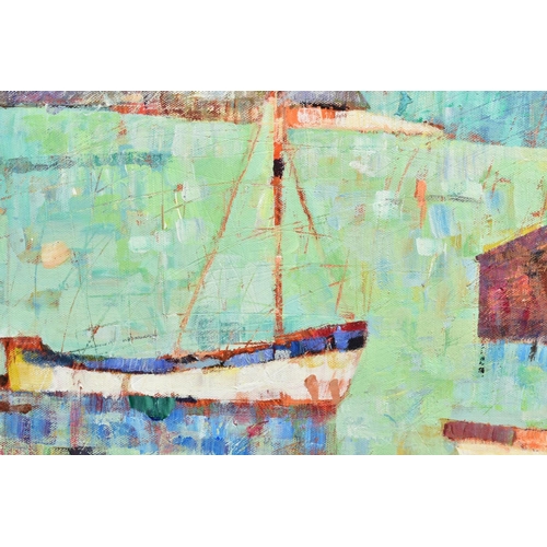 313 - SALLY ANNE FITTER (BRITISH CONTEMPORARY) 'THE QUIET HARBOURSIDE', fishing boats at their moorings, u... 