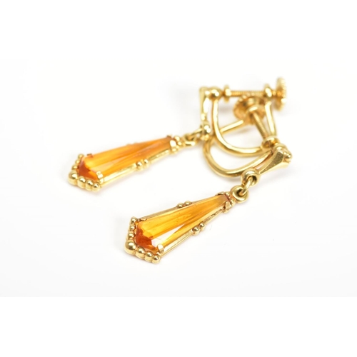 33 - A PAIR OF PASTE DROP EARRINGS, each designed as a kite shape orange paste drop suspended from a smal... 