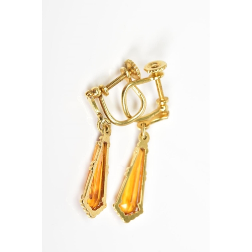 33 - A PAIR OF PASTE DROP EARRINGS, each designed as a kite shape orange paste drop suspended from a smal... 