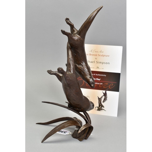 330 - MICHAEL SIMPSON (BRITISH CONTEMPORARY) 'OUT TO PLAY', a bronze sculpture of otters at play above fol... 