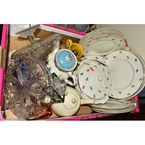 332 - FIVE BOXES OF CERAMICS AND GLASSWARE, including two Royal Winton 'Summertime' chintz plates, a twent... 