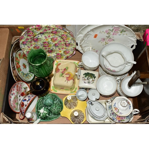 332 - FIVE BOXES OF CERAMICS AND GLASSWARE, including two Royal Winton 'Summertime' chintz plates, a twent... 