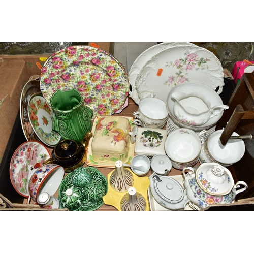 332 - FIVE BOXES OF CERAMICS AND GLASSWARE, including two Royal Winton 'Summertime' chintz plates, a twent... 