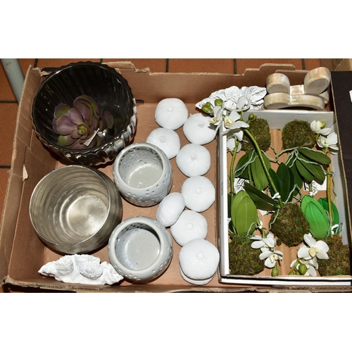 333 - FOUR BOXES OF CERAMICS, GLASS, DRIED FLOWERS etc, to include glass candle holders, Lene Bjerre ceram... 