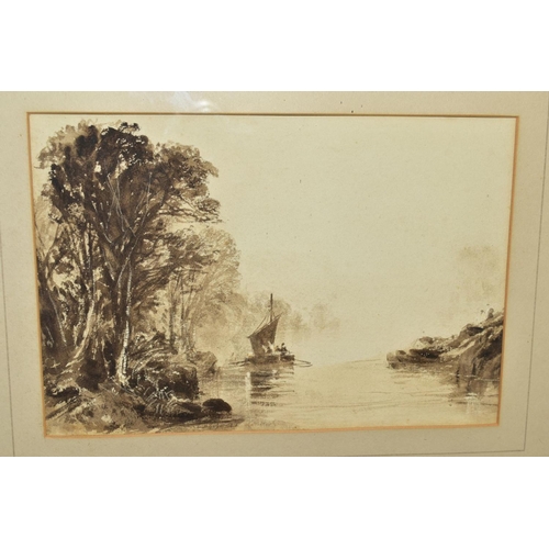 334 - ATTRIBUTED TO GEORGE SHEFFIELD, misty river scene, sepia watercolour, bears exhibition loan label an... 