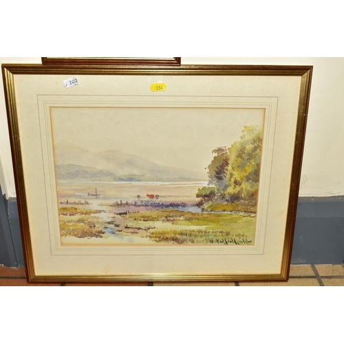 334 - ATTRIBUTED TO GEORGE SHEFFIELD, misty river scene, sepia watercolour, bears exhibition loan label an... 