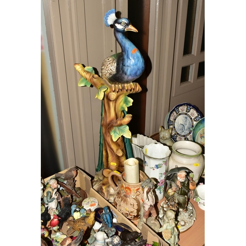 337 - TWO BOXES OF CERAMICS AND GLASSWARE AND LOOSE ITEMS, including a large ceramic model of a peacock, r... 