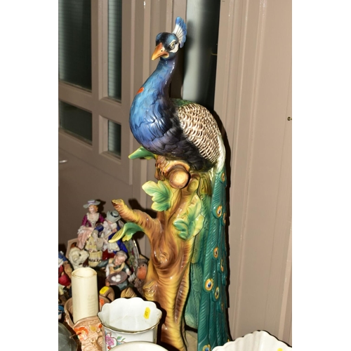 337 - TWO BOXES OF CERAMICS AND GLASSWARE AND LOOSE ITEMS, including a large ceramic model of a peacock, r... 