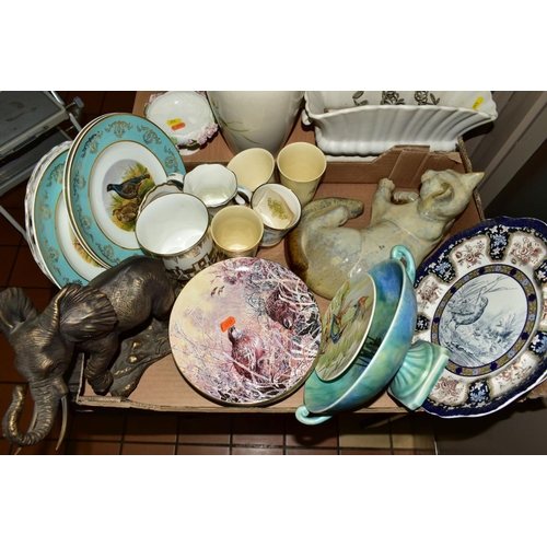 337 - TWO BOXES OF CERAMICS AND GLASSWARE AND LOOSE ITEMS, including a large ceramic model of a peacock, r... 