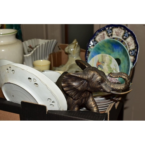 337 - TWO BOXES OF CERAMICS AND GLASSWARE AND LOOSE ITEMS, including a large ceramic model of a peacock, r... 