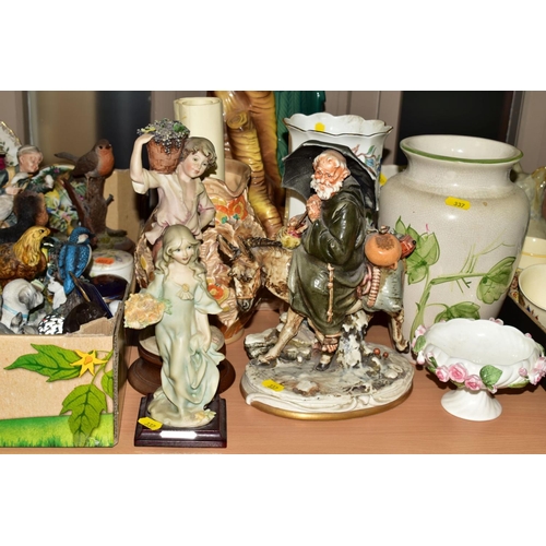 337 - TWO BOXES OF CERAMICS AND GLASSWARE AND LOOSE ITEMS, including a large ceramic model of a peacock, r... 