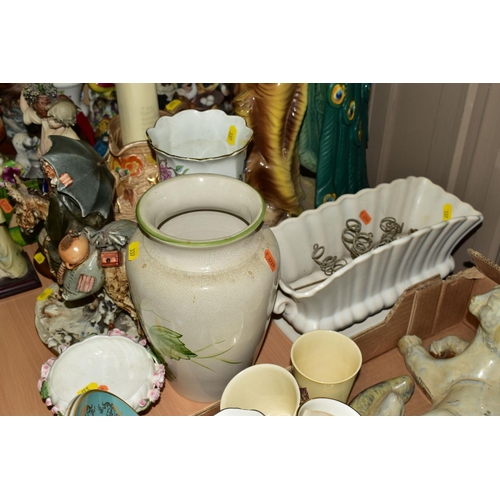 337 - TWO BOXES OF CERAMICS AND GLASSWARE AND LOOSE ITEMS, including a large ceramic model of a peacock, r... 