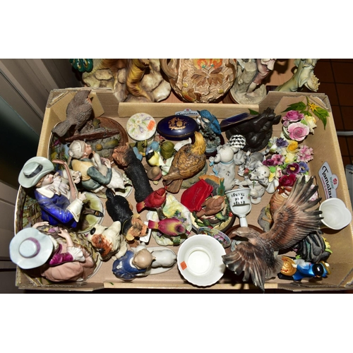 337 - TWO BOXES OF CERAMICS AND GLASSWARE AND LOOSE ITEMS, including a large ceramic model of a peacock, r... 