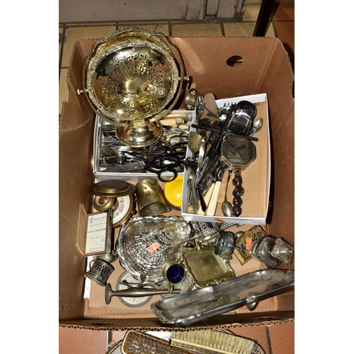 338 - TWO WOODEN CANTEENS OF STAINLESS STEEL CUTLERY, a box of assorted metalwares and loose items, includ... 