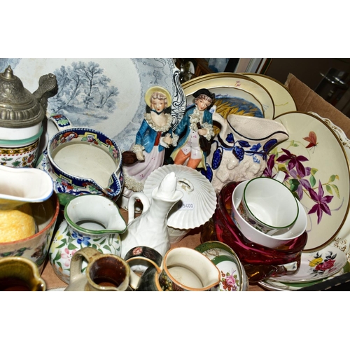 341 - FOUR BOXES AND LOOSE OF CERAMICS AND GLASSWARE AND LOOSE ITEMS, including two large Studio Pottery o... 