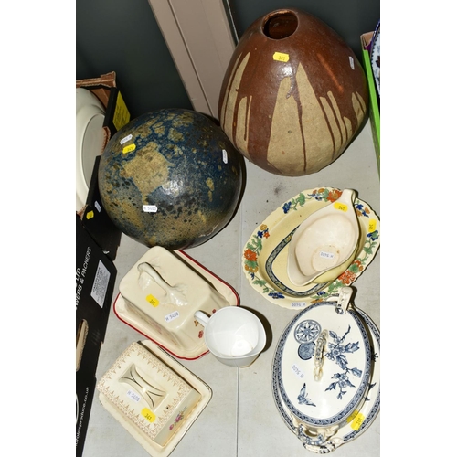 341 - FOUR BOXES AND LOOSE OF CERAMICS AND GLASSWARE AND LOOSE ITEMS, including two large Studio Pottery o... 