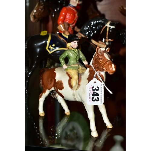 343 - FOUR BESWICK HORSE FIGURES, all with damage, comprising Girl on Pony, model No.1499, skewbald, gloss... 