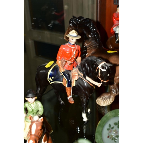 343 - FOUR BESWICK HORSE FIGURES, all with damage, comprising Girl on Pony, model No.1499, skewbald, gloss... 