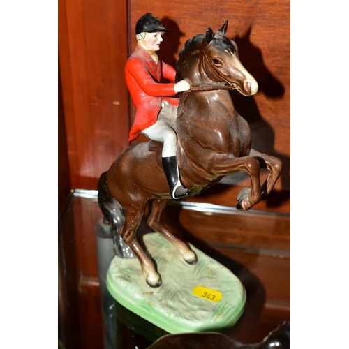 343 - FOUR BESWICK HORSE FIGURES, all with damage, comprising Girl on Pony, model No.1499, skewbald, gloss... 