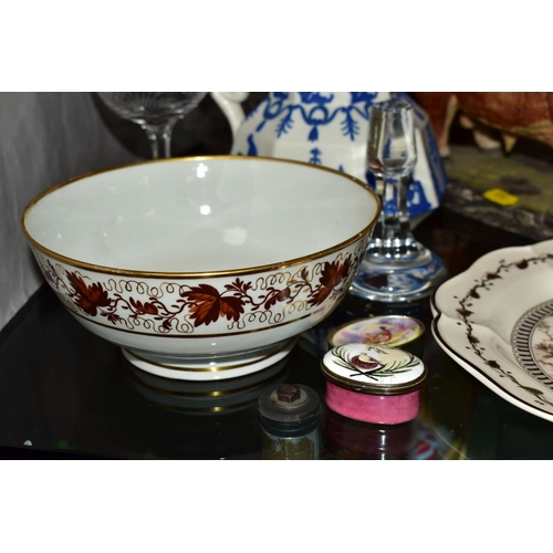 346 - A GROUP OF CERAMICS AND GLASSWARE, etc, including a late 18th Century oval enamel patch box, decorat... 