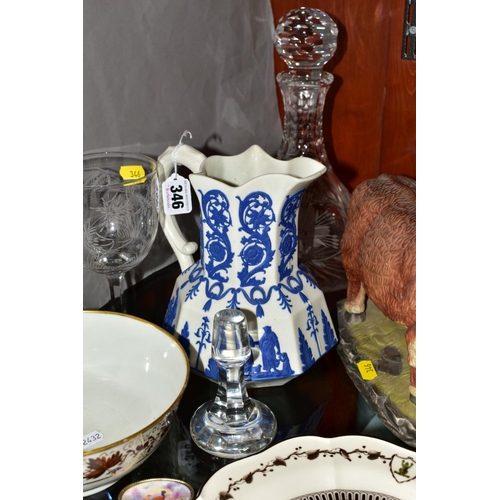 346 - A GROUP OF CERAMICS AND GLASSWARE, etc, including a late 18th Century oval enamel patch box, decorat... 