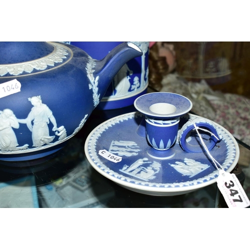 347 - THREE PIECES OF DARK BLUE WEDGWOOD JASPERWARE AND TWO SIMILAR ADAMS PIECES, comprising a chamberstic... 