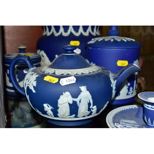 347 - THREE PIECES OF DARK BLUE WEDGWOOD JASPERWARE AND TWO SIMILAR ADAMS PIECES, comprising a chamberstic... 