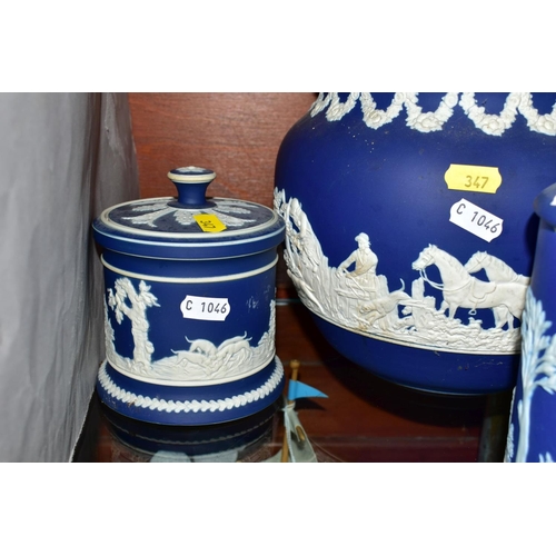 347 - THREE PIECES OF DARK BLUE WEDGWOOD JASPERWARE AND TWO SIMILAR ADAMS PIECES, comprising a chamberstic... 