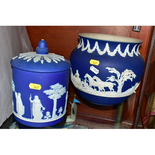 347 - THREE PIECES OF DARK BLUE WEDGWOOD JASPERWARE AND TWO SIMILAR ADAMS PIECES, comprising a chamberstic... 