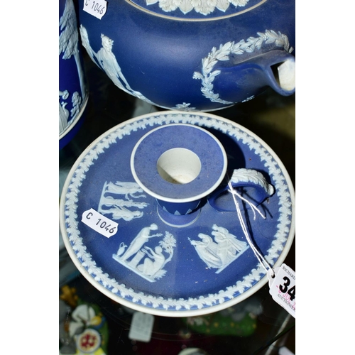 347 - THREE PIECES OF DARK BLUE WEDGWOOD JASPERWARE AND TWO SIMILAR ADAMS PIECES, comprising a chamberstic... 