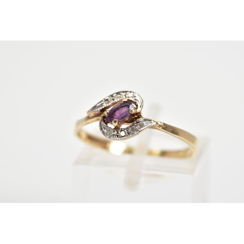 35 - A 9CT GOLD AMETHYST AND DIAMOND DRESS RING, the central oval amethyst set on a diagonal within a cro... 