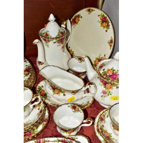 353 - ROYAL ALBERT 'OLD COUNTRY ROSES', comprising of tea pot, coffee pot, gravy and saucer, seven dinner ... 