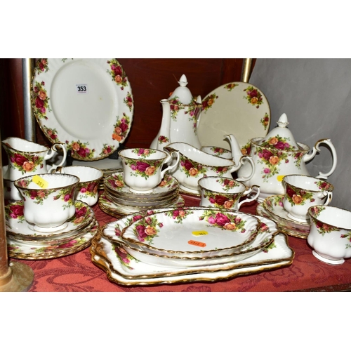 353 - ROYAL ALBERT 'OLD COUNTRY ROSES', comprising of tea pot, coffee pot, gravy and saucer, seven dinner ... 