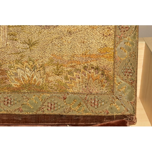 356 - A LATE 18TH CENTURY EMBROIDERED AND STUMPWORK PICTURE, the surround of fruiting vine and foliage, th... 