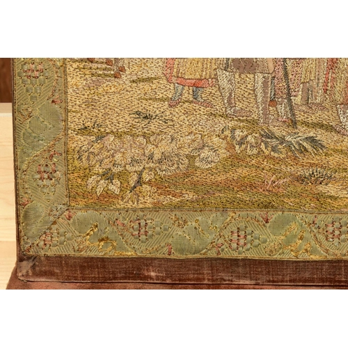 356 - A LATE 18TH CENTURY EMBROIDERED AND STUMPWORK PICTURE, the surround of fruiting vine and foliage, th... 