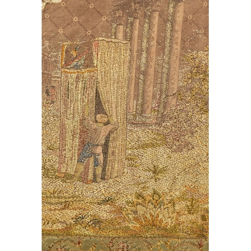 356 - A LATE 18TH CENTURY EMBROIDERED AND STUMPWORK PICTURE, the surround of fruiting vine and foliage, th... 