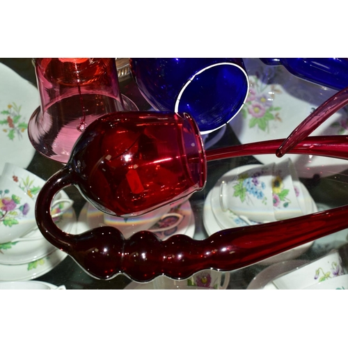 362 - A GROUP OF GLASSWARE comprising of a large Bristol blue glass pipe, length 57cm (cracks along rim) t... 